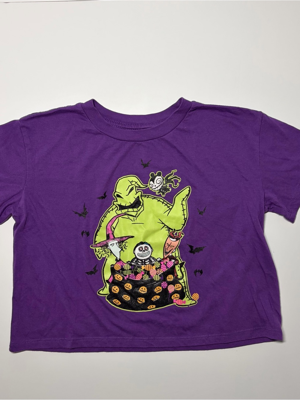 Purple Women’s Halloween Graphic Tee with Oogie Boogie Design